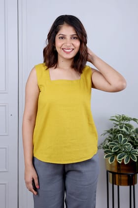 Mustard Hand Dyed Cotton Linen Women Short Top Sleeveless WSTSL052426-M