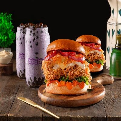 2- Taro Bubble Teas + 2 Classic Chicken Burger