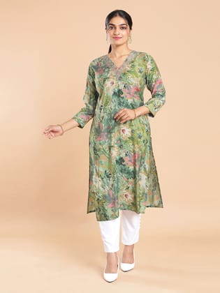 Kalyan Silks Multi Shaded Botanical Printed Powder Green Kurti Top