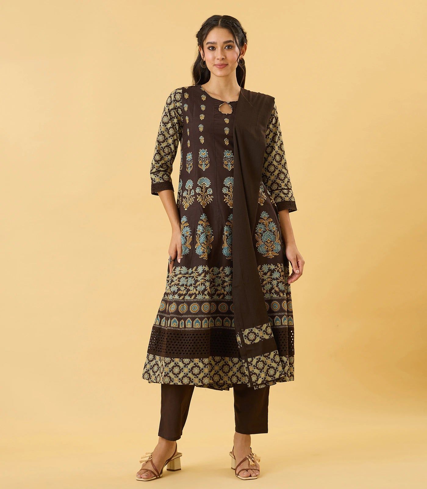 Brown Floral Printed Anarkali Set-L / Brown