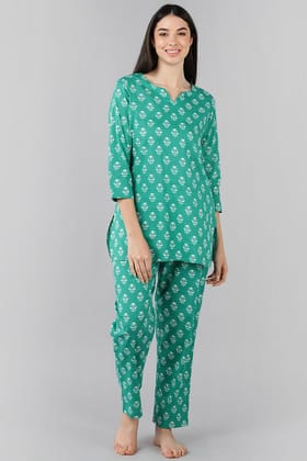 Sea Green Cotton Floral Night Suit VNWK1052