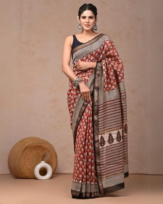 Creative Maheshwari Pure Silk Red Saree Blockprint