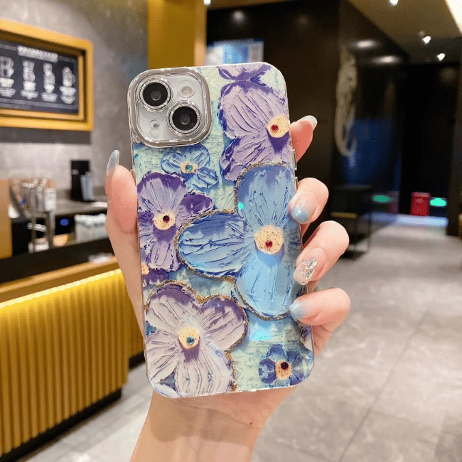 Eliza - Girls Colorful Retro Oil Painting Butterfly Design Shiny Diamond Blue Flower iPhone Case-iPhone 13