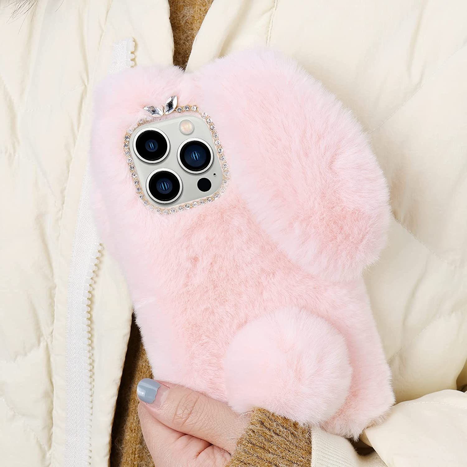 Cute Bunny Rabbit Fur Plush Case-iPhone 14 Pro