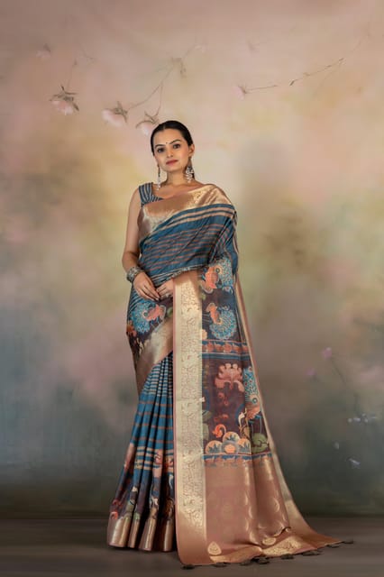 Blue Stripes with figure Jacquard Saree