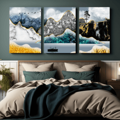 Golden Line Mountains Wood Print Wall Art Set of 3-9 X 12 Inches Each / Pinewood Thickness: 6mm