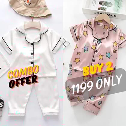 2 NIGHT SUITS COMBO FOR BOYS AND GIRLS (White and Printed)-1-2 YEARS