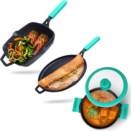 GEMMA Kadhai with Lid 3.5 L | Dosa Tawa | Grill Pan Smooth Flat Base-Green