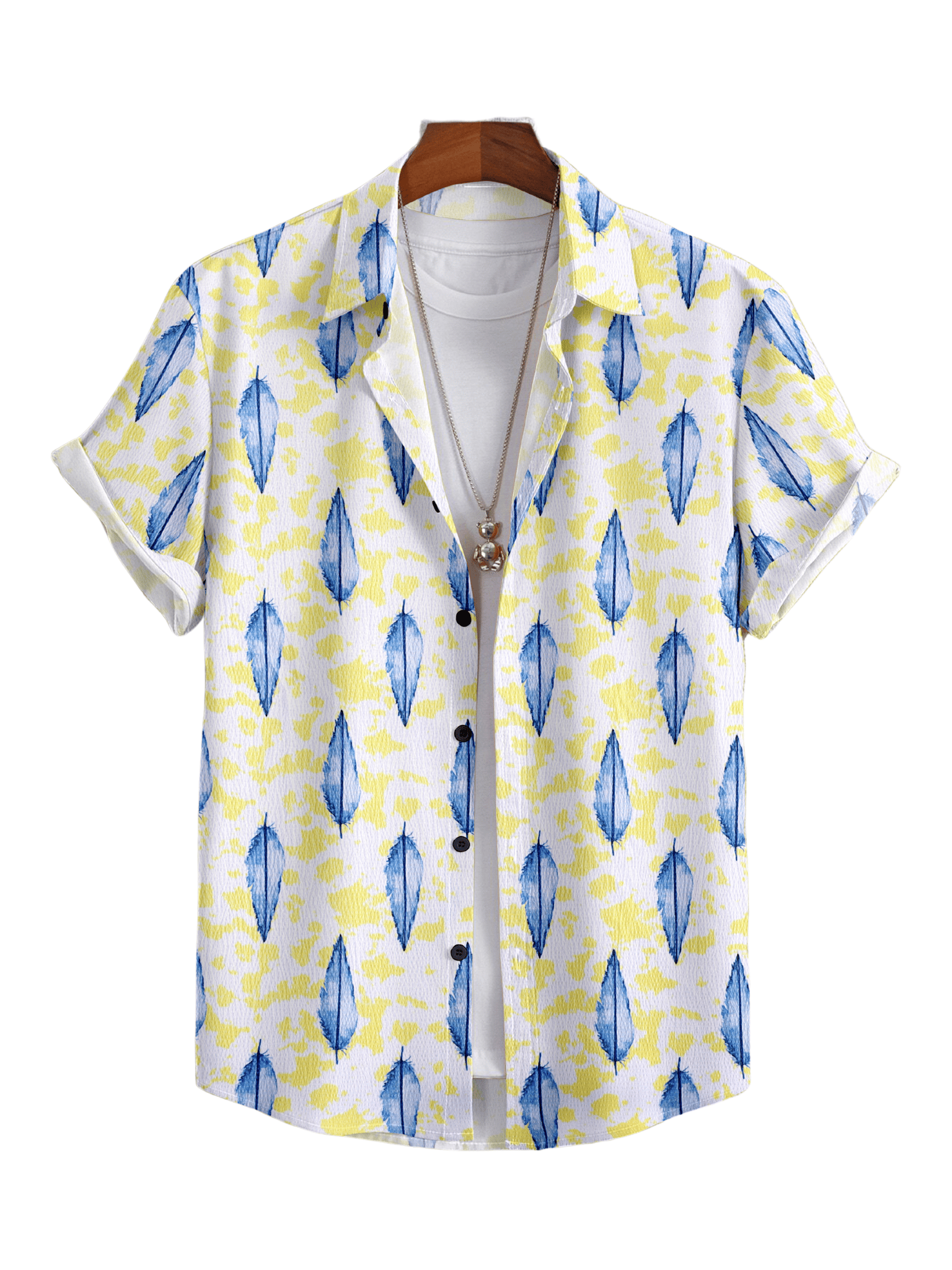 "Sunlit Serenade: Yellow Patterned Shirt with Blue Leaf Motif by Glamastitch"-S