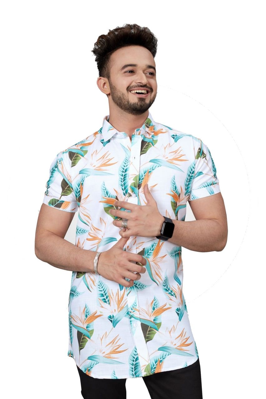 "Harmony Hues  GlamaStitch's White Shirt adorned with Orange and Green Leaf Prints"-S
