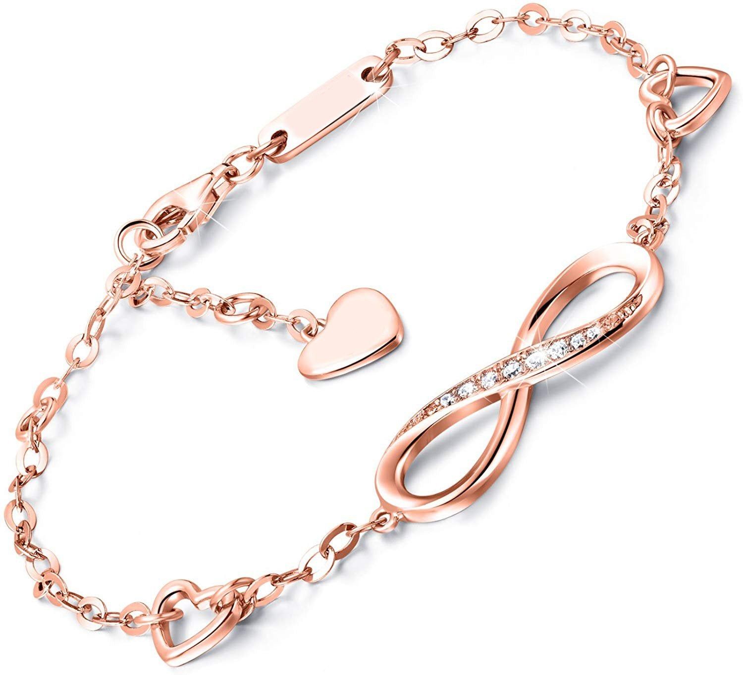White Swarovski Elements Infinite Pendant Chain Bracelet in 14K Rose Gold Plating