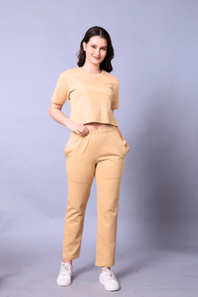 Beige Women Co-Ord Set - Crop Top with Joggers