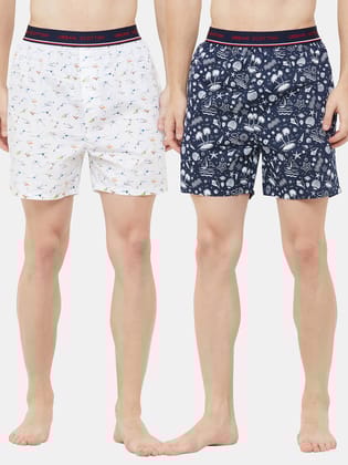 Men's Multicolor, 100% Cotton, Print, Regular Fit, Outer Elastic, Mid Rise, Boxers - Pack of 2-Multicolor / S