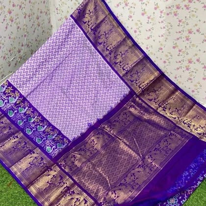 Lavender Color Exclusive Ikkat Kanchi Border Weaving Print Saree With Blouse-Purple / Fancy Silk / Weaving Work