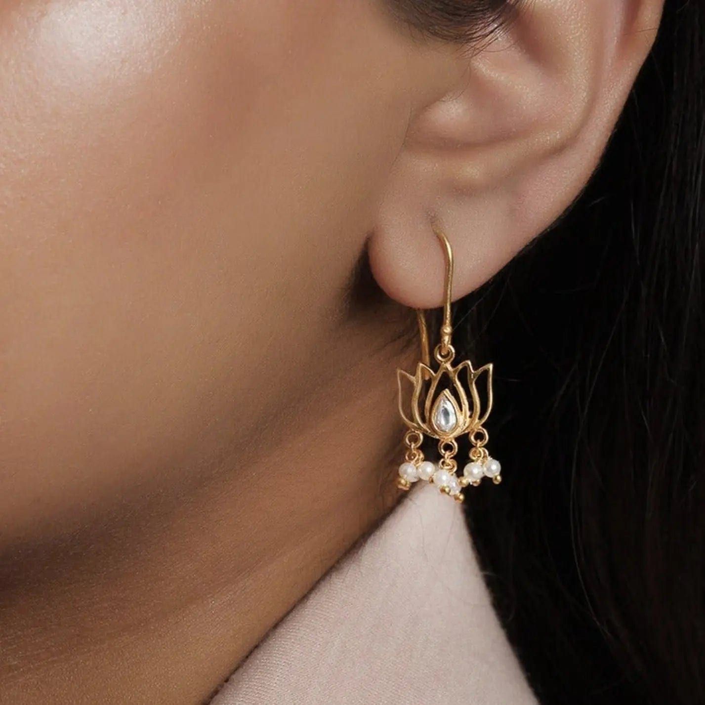 925 Sterling Silver Lotus Gold Plated Earrings-Gold / Earring