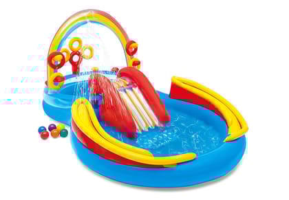 Intex Multicolored Inflatable Rainbow Ring Water Play Centre with Slide for Kids aged 2+ | 200ltr Water Capacity