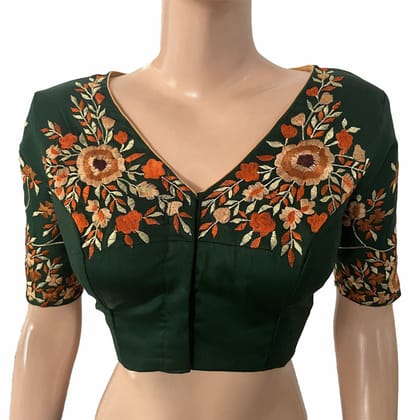 Embroidered  Cotton Silk V neck Blouse with  Lining,  Bottle Green, BW1142-S