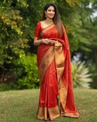 Red Zari work Banarasi Cotton Blend Jacquard Saree
