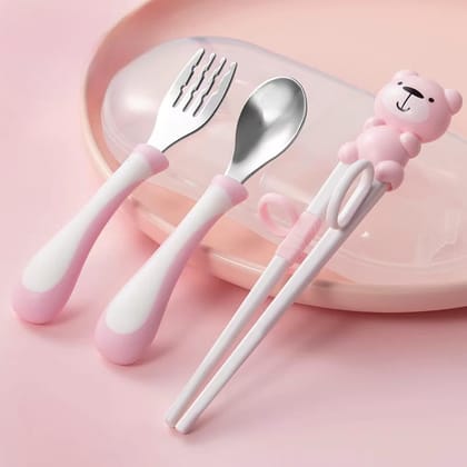 Kiddie Learners Stainless Steel Cutlery Set – Spoon, Fork & Chopsticks-Pink
