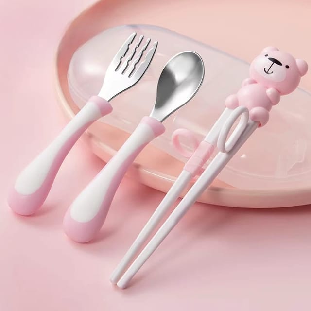Kiddie Learners Stainless Steel Cutlery Set – Spoon, Fork & Chopsticks-Pink
