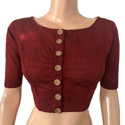 South Cotton Boat neck Blouse with Wooden Button Details,Maroon  BH1279-S