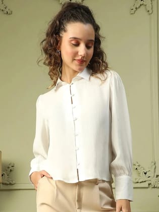 Show Off  Solid White Collared Long Sleeve Button Down Women Satin Shirt-S