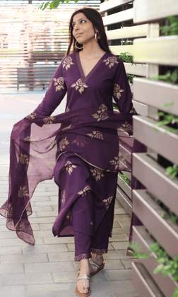 Cotton Hand Block Plum Gold Mughal Print Suit with Chiffon Printed Laced Dupatta-XXS