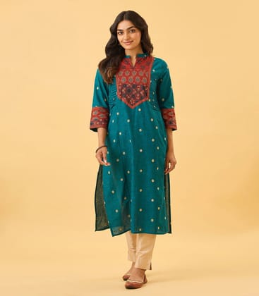 Teal blue & brown casual kurta-L / Teal