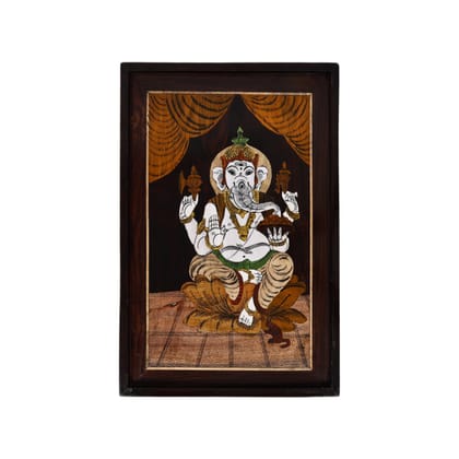 Mysore Inlay Rosewood Painting – Lord Ganesha Seated on a Lotus