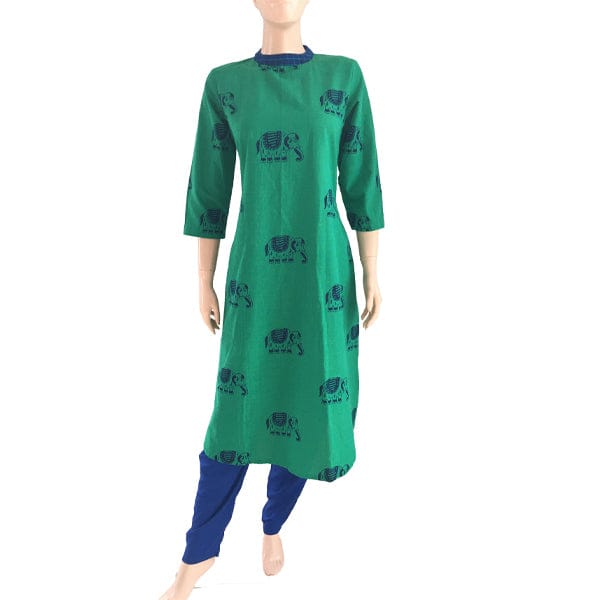Slub Cotton Block Printed Closecollar Straight cut Kurti, Green, KP1028-XXL