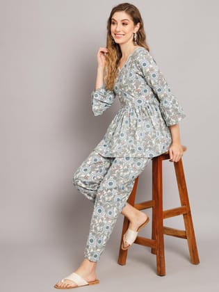 Cream Floral Print Flared Co-ord Set-XS