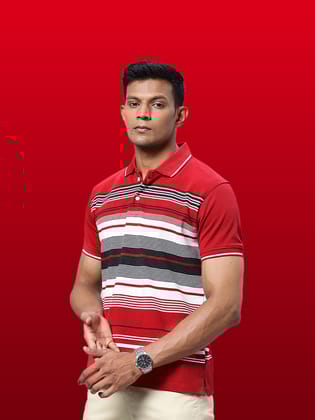 Mens Striped Red Polo Collar Pure Cotton T-shirt-M