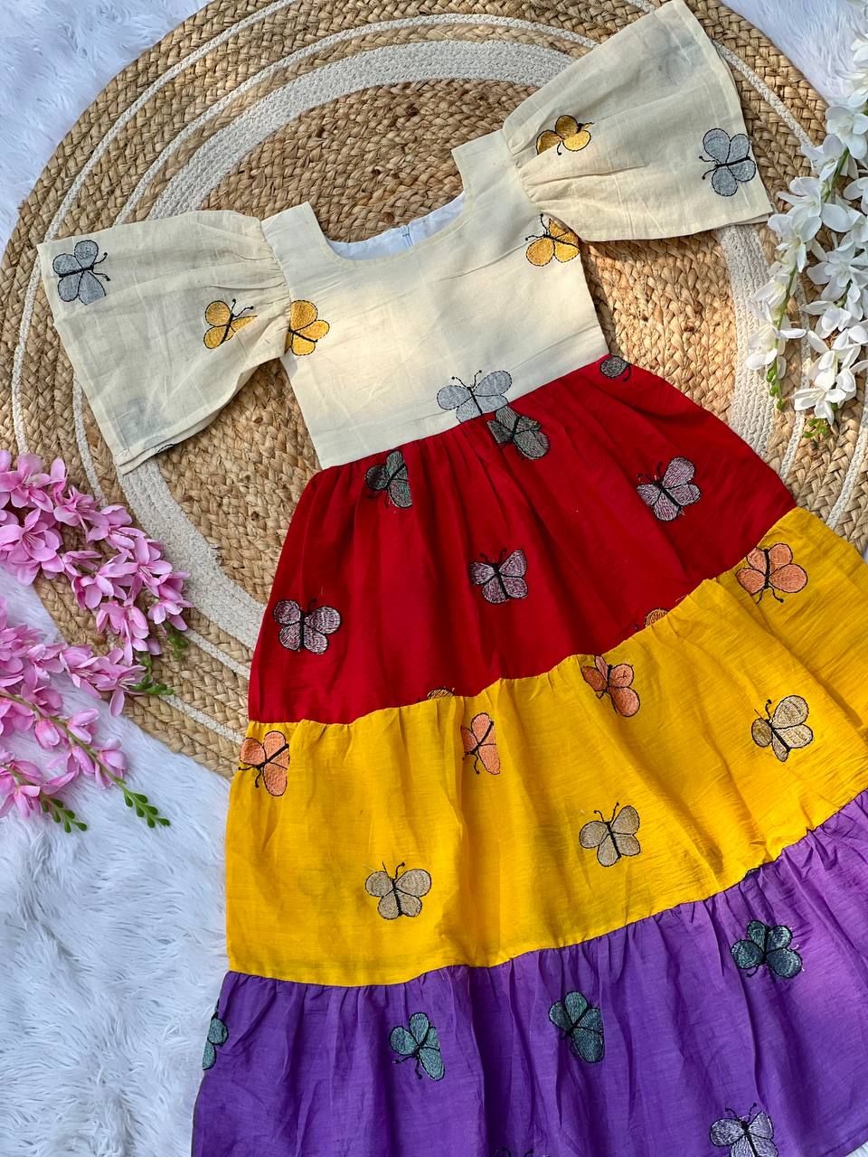 Radiant Desirable Pure Cotton Silk Kids Gown-Multicolor / 1 Year