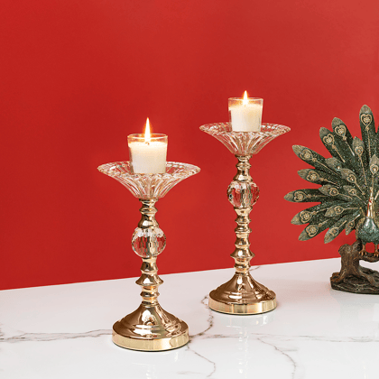 Scholar's Aura Candle Holders Stand - Set of 2-Big: Height - 11.5 Inches & Width - 5.5 Inches and Small: Height - 10 Inches & Width - 5.5 Inches / Stainless steel and Glass / Available