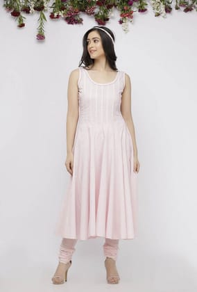 Light Pink Plain Kalidar Cotton Kurta-XS