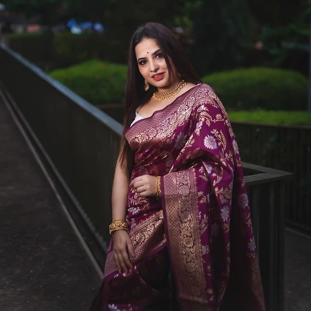 Attractive Wine Floral Printed Banarasi Soft Silk Saree