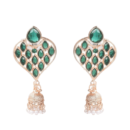 Shining Stone beaded Drop Jhumka (Dark Green) Copper Jhumki Earring-Green