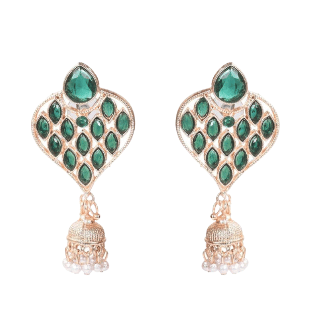 Shining Stone beaded Drop Jhumka (Dark Green) Copper Jhumki Earring-Green