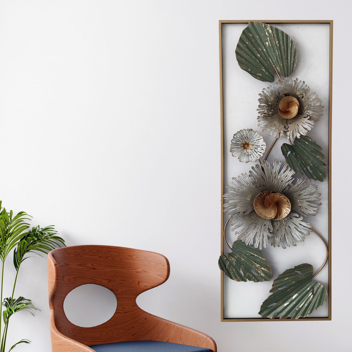 Floret Vertical frame Metal Wall Art Panel - Gold Foil Work-Height - 35 inches & Width - 12 inches / METAL / INCLUDED