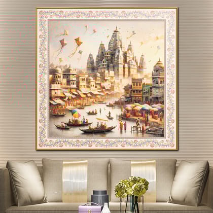 Ganga’s Embrace The Banaras Ghats Painting For home-Width - 31.5 Inches & Height - 31.5 Inches / EMBOSSED PAINTING WITH ALUMINIUM FRAME / Available