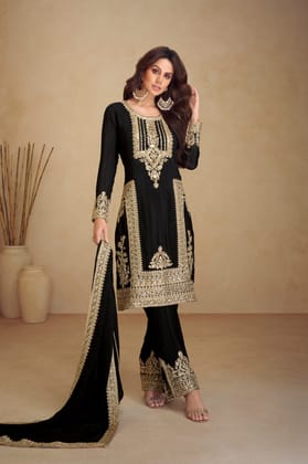 Partywear Black Color Embroidery Salwar Kameez Suit-M