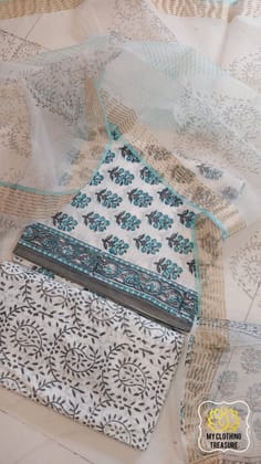 Pure Cotton Hand Block Print 3 Piece Dress Material With Organza Dupatta- Code 5
