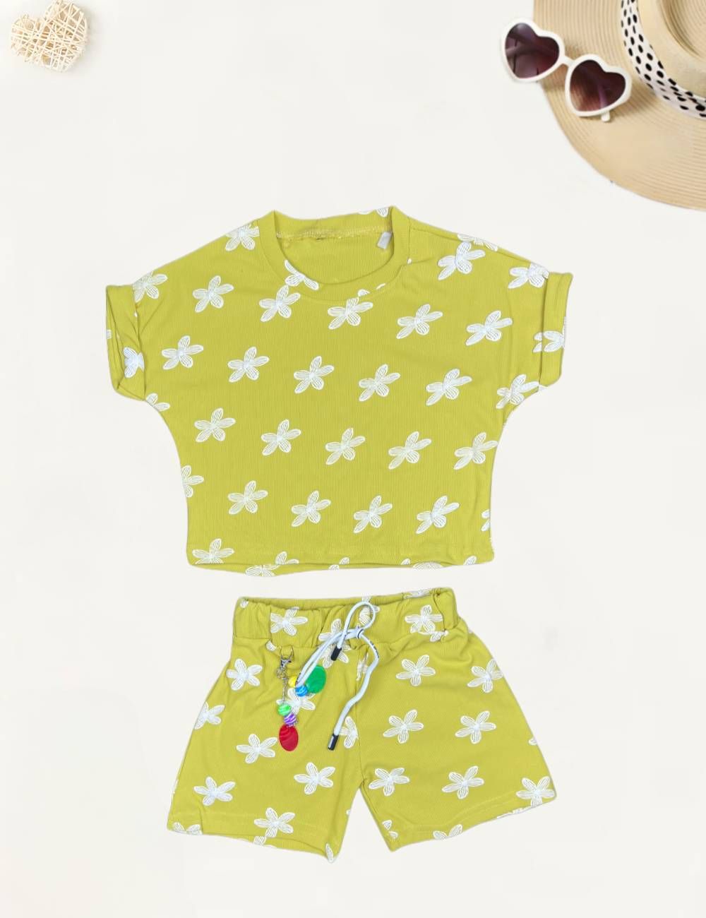 Girl's Yellow Causal Printed Co-Ord Set [GCS-7762] (3-11 Years)-4-5Y (Size - 24) / Ribbed / Yellow