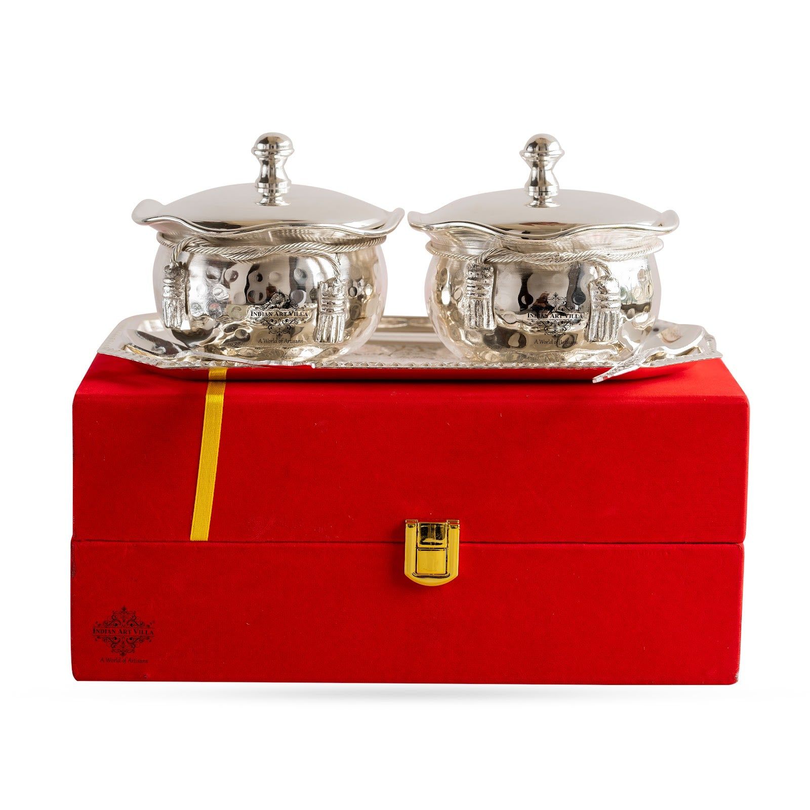 Indian Art Villa Silver-Plated Hammered Bowl with Lid & Spoon - Elegant Gift Box Set for Special Occasions-2