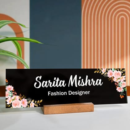 Personalised Acrylic Floral Desk Name Plate With Wooden Base-Design 1