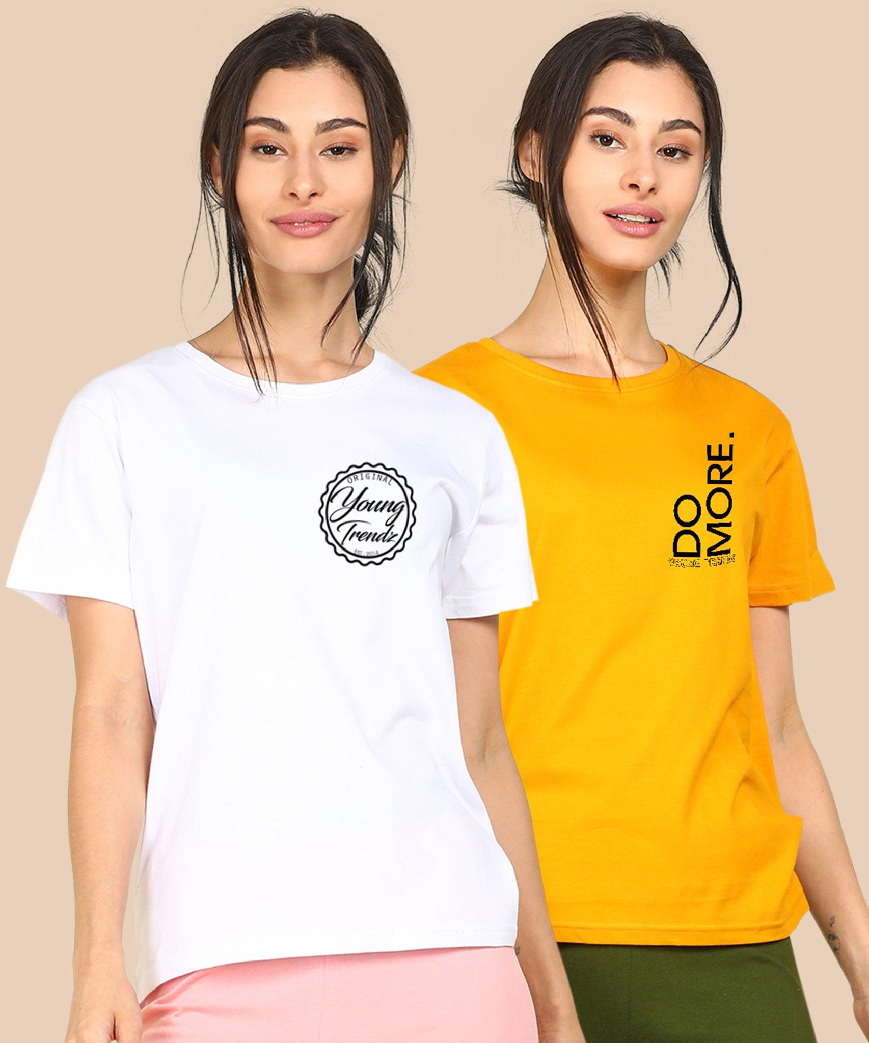Womens Regular Fit  Combo Printed T Shirt-S / White Yellow