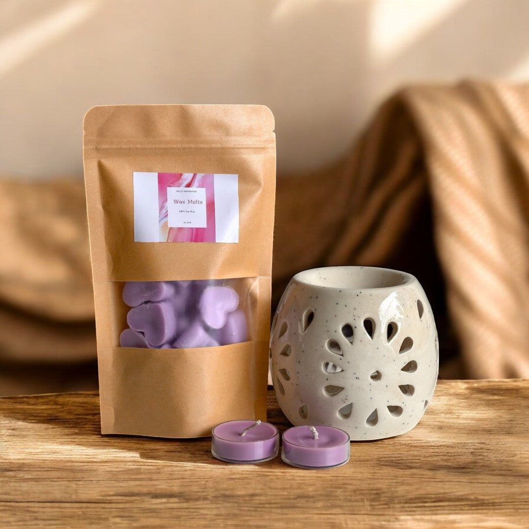 Hello Handmade Handcrafted Ceramic Round Shaped Aroma Diffuser with Wax Melts and 2 Tea Light Candles-Rosemary Peppermint