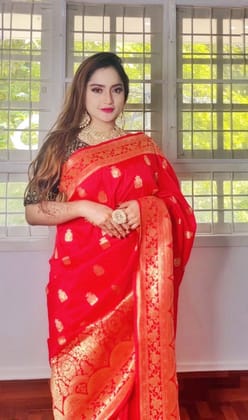Red Zari Woven Design Soft Silk Kanjivaram Jacquard Saree