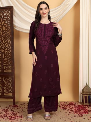 Faiza Chikankari Rayon Co-ord Set-Wine / S