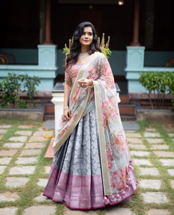 Trending Kanjivaram Pure Silk Half Saree & blouse along with Dupatta